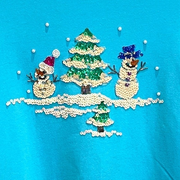 Beaded & Sequined Front & Back Snowman Turquoise Cotton Long Sleeve Tee Size Med - Picture 6 of 7
